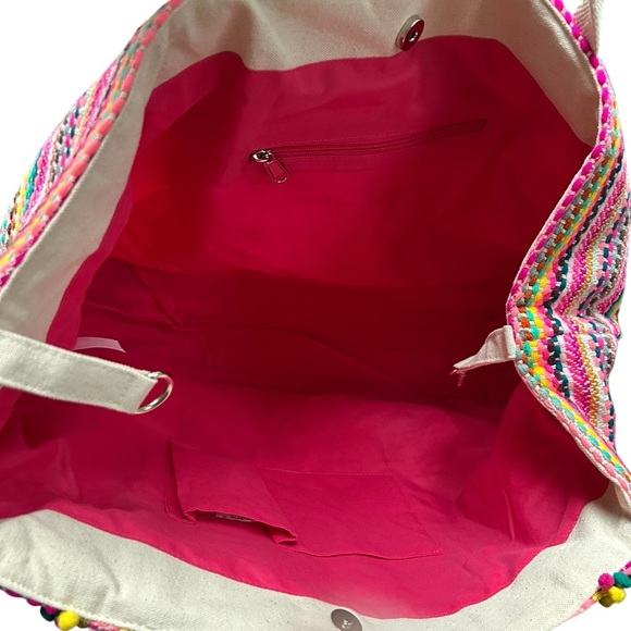 NWT America and Beyond Flamingo Bird Toucan Beaded Pom Embroidered Beach Tote - Picture 8 of 9